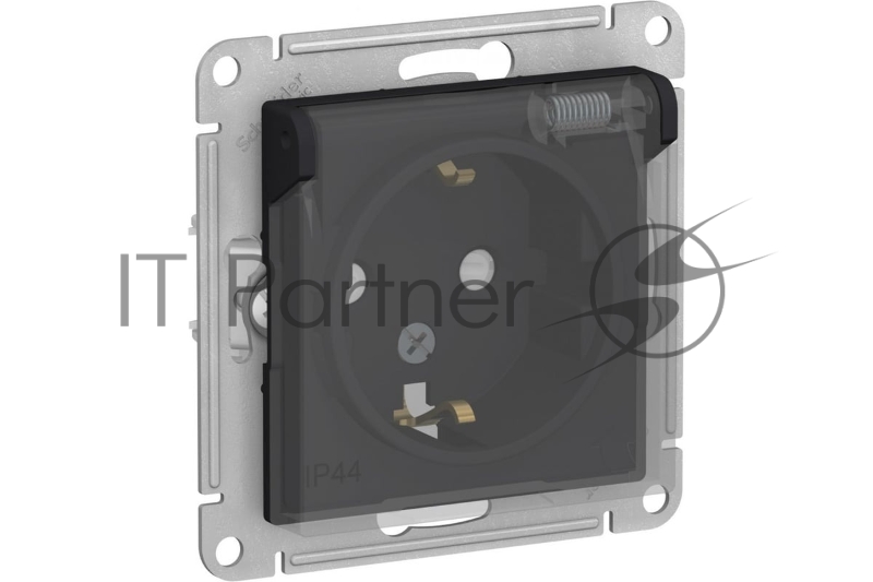 Механизм розетки 1-м СП AtlasDesign Aqua 16А IP44 с заземл. защ. шторки с прозрачной крышкой карбон SchE ATN441046