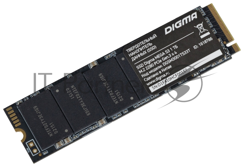 Накопитель SSD Digma Mega S3 DGSM3001TS33T, 1Tb, PCIe 3.0 x4, M.2 2280, NVMe, R/W 2130/1720