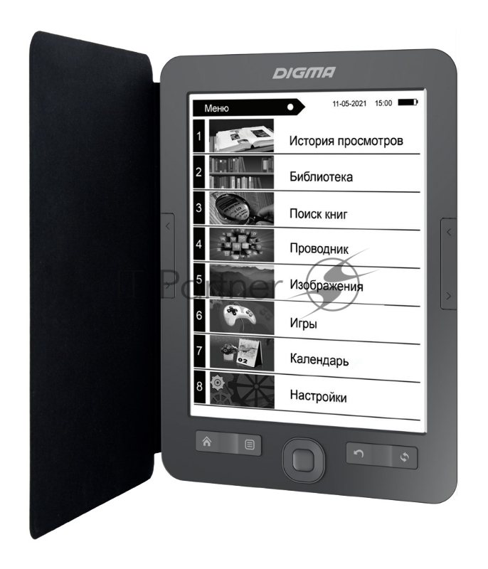 Электронная книга Digma M2 6" E-ink HD 758x1024 600MHz 128Mb/4Gb/SD/microSDHC/подсветка дисплея темно-серый (в компл.:обложка)