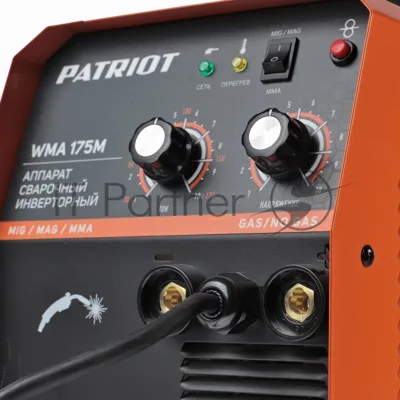 Полуавтомат сварочный инверторный PATRIOT WMA 175M MIG/MAG/MMA, полуавтоматическая сварка в среде газа (MIG/MAG) стальной и флюсовой проволокой 0.6/0.8 мм, сварка электродом (MMA) до 4мм, сварочный ток в режиме MIG: 40-170А; сварочный ток в режиме MMA: 40-170А; ПВ при макс. токе: 60%