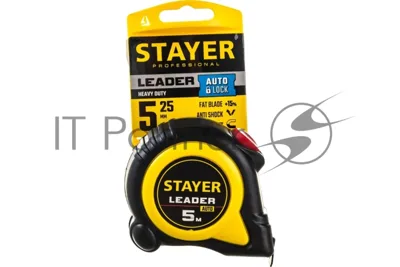 Рулетка с автостопом в ударостойком обрезиненном корпусе STAYER LEADER 5м / 25мм