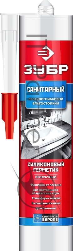 Герметик силиконовый Зубр прозрачный, санитарный, для помещений с повышенной влажностью, 280мл