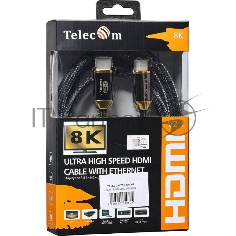 Кабель HDMI 19M/M,ver. 2.1, 8K@60 Hz 3m метал разъемы, нейлоновая оплетка Telecom TCG300-3M