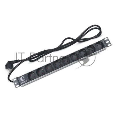 Блок евророзеток Cabeus PDU-9P-2EU для 19" шкафов, горизонтальный, 9 розеток, 16 A, без выключателя, шнур 2м, алюминиевый корпус, немецкий стандарт