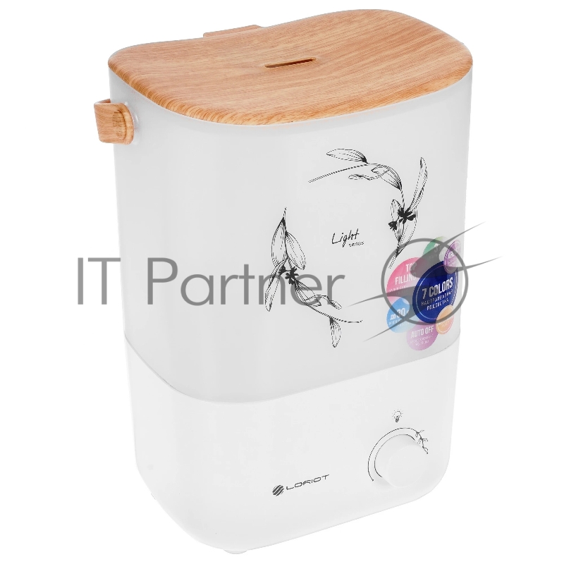 Увлажнитель воздуха LORIOT Light LHS-C300M белый, 25 м², 3 л, ультразвуковой, ароматизация, верхний залив воды, регулировка интенсивности, механическое управление, подсветка