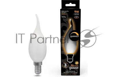 Лампа cветодиодная Gauss Filament Свеча на ветру 9W 590lm 3000К Е14 milky диммируемая LED