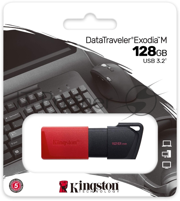 Флешка USB Kingston DataTraveler Exodia M (DTXM/128Gb), 128Gb, USB 3.2 Gen 1, R/W 150/60, черный/красный