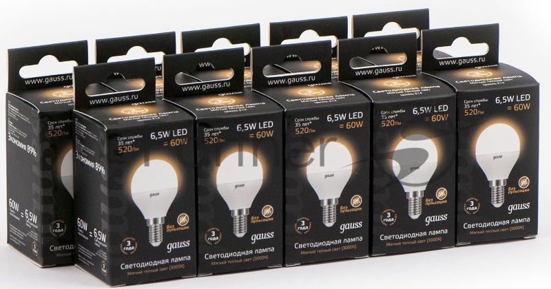 Лампа светодиодная Gauss 105101107 6.5Вт цок.: E14 шар 220B 3000K св. свеч. бел. теп. (упак.: 10 шт)