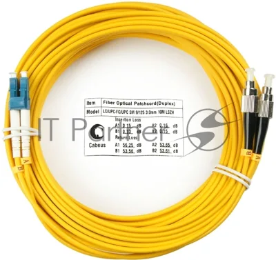 Патч-корд оптический Cabeus Tight Buffer, Duplex LC/FC, OS2 9/125, LSZH, 10м, Ø 3мм, чёрный хвостовик, жёлтый