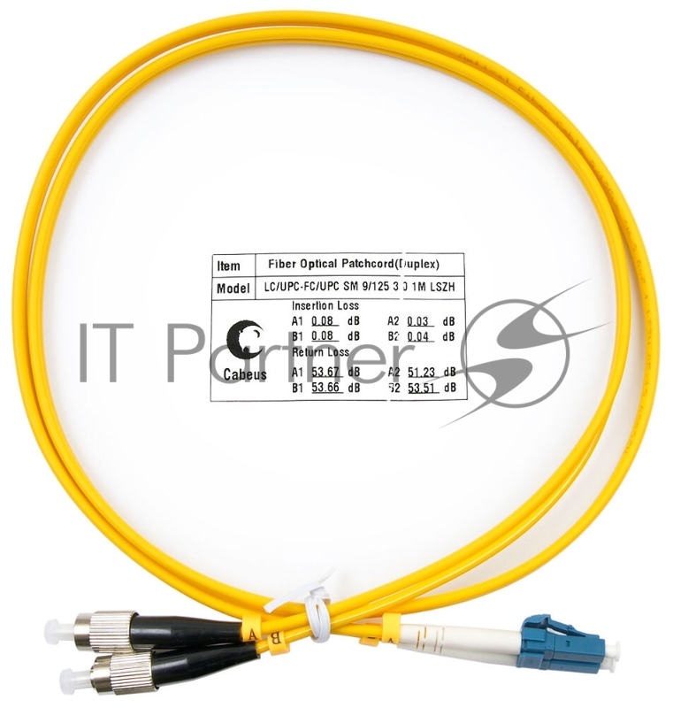 Патч-корд оптический Cabeus Tight Buffer, Duplex LC/FC, OS2 9/125, LSZH, 1м, Ø 3мм, чёрный хвостовик, жёлтый