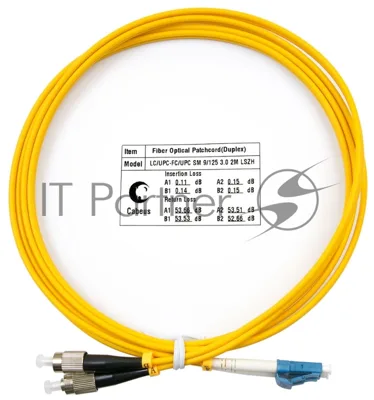 Патч-корд оптический Cabeus Tight Buffer, Duplex LC/FC, OS2 9/125, LSZH, 2м, Ø 3мм, черный хвостовик, желтый