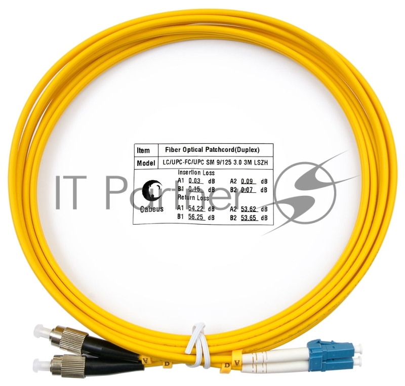 Патч-корд оптический Cabeus Tight Buffer, Duplex LC/FC, OS2 9/125, LSZH, 3м, d= 3мм, черный хвостовик, желтый
