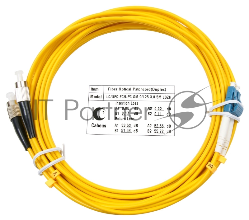 Патч-корд оптический Cabeus Tight Buffer, Duplex LC/FC, OS2 9/125, LSZH, 5м, Ø 3мм, чёрный хвостовик, жёлтый