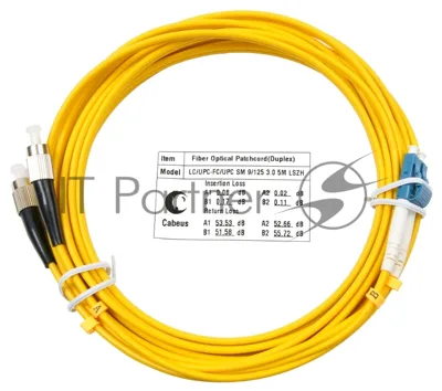 Патч-корд оптический Cabeus Tight Buffer, Duplex LC/FC, OS2 9/125, LSZH, 5м, Ø 3мм, чёрный хвостовик, жёлтый