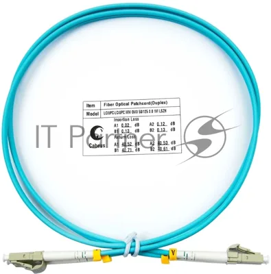 Патч-корд оптический Cabeus Tight Buffer, Duplex LC/LC, OM3 50/125, LSZH, 1м, d= 3мм, серый хвостовик, аква