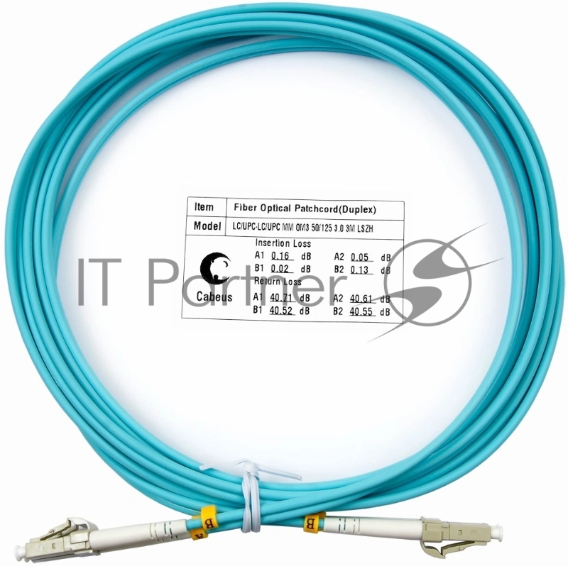 Патч-корд оптический Cabeus Tight Buffer FOP-50-LC-LC-3m Duplex LC/LC, OM3 50/125, LSZH, 3м, Ø 3мм, серый хвостовик, аква