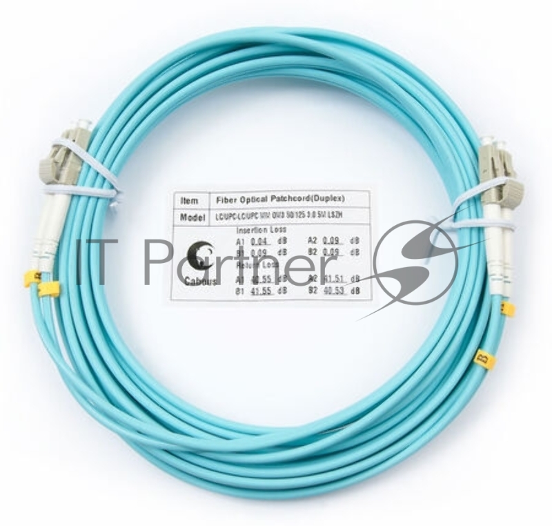 Патч-корд оптический Cabeus Tight Buffer FOP-50-LC-LC-5m Duplex LC/LC, OM3 50/125, LSZH, 5м, d= 3мм, серый хвостовик, аква