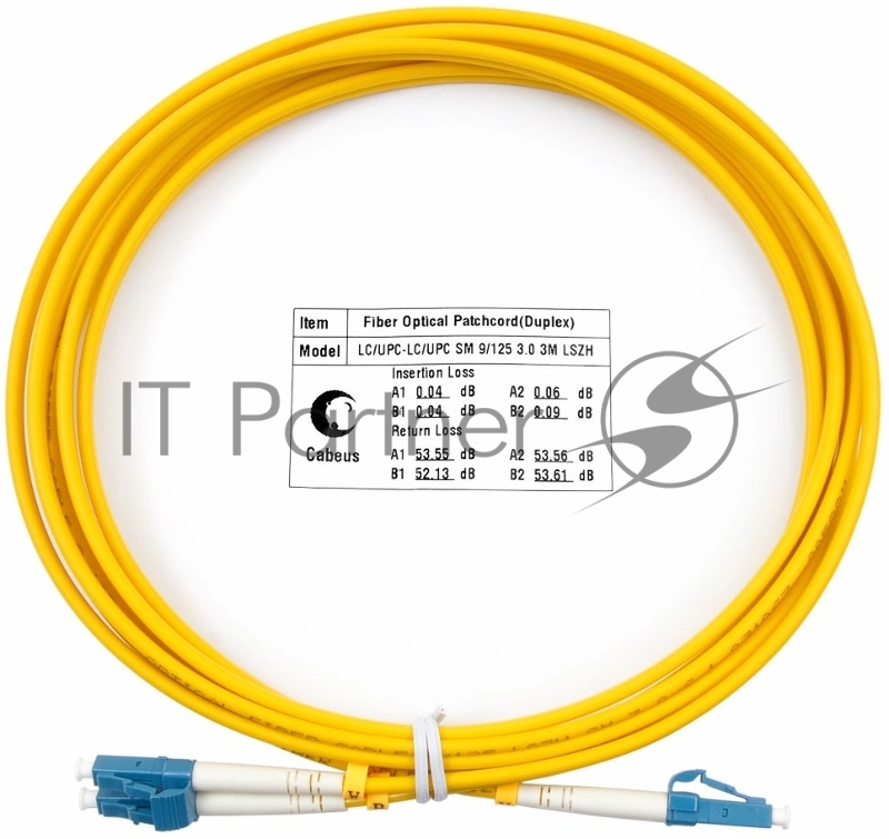 Патч-корд оптический Cabeus Tight Buffer, Duplex LC/LC, OS2 9/125, LSZH, 3м, d= 3мм, синий хвостовик, желтый