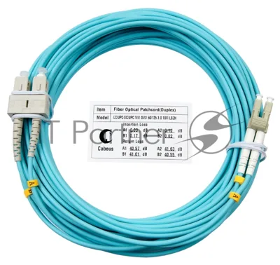 Патч-корд оптический Cabeus Tight Buffer, Duplex LC/SC, OM3 50/125, LSZH, 10м, Ø 3мм, серый хвостовик, бирюзовый