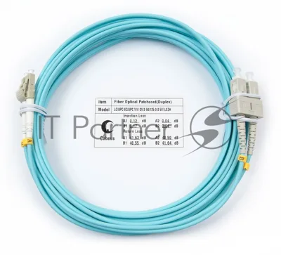 Патч-корд оптический Cabeus Tight Buffer, Duplex LC/SC, OM3 50/125, LSZH, 5м, d= 3мм, серый хвостовик, бирюзовый