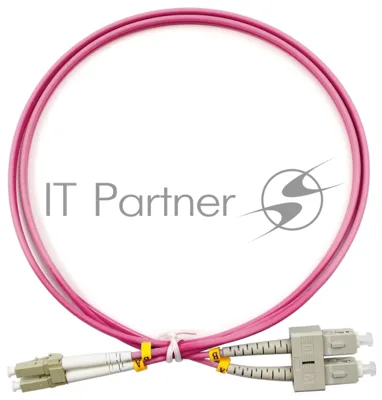 Патч-корд оптический Cabeus Tight Buffer, Duplex SC/LC (UPC/UPC), OM4 50/125, LSZH, 1м, Ø 3мм, серый хвостовик, маджента
