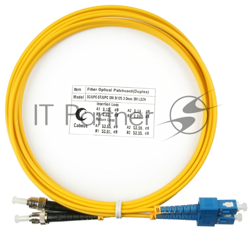 Патч-корд оптический Cabeus Tight Buffer FOP(d)-9-SC-ST-3m Duplex ST/SC, OS2 9/125, LSZH, 3м, Ø 3мм, чёрный хвостовик, цвет: жёлтый