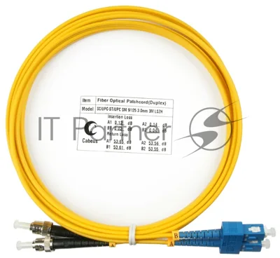 Патч-корд оптический Cabeus Tight Buffer FOP(d)-9-SC-ST-3m Duplex ST/SC, OS2 9/125, LSZH, 3м, Ø 3мм, чёрный хвостовик, цвет: жёлтый