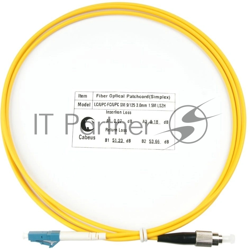 Патч-корд оптический Cabeus Tight Buffer, Simplex FC/LC, OS2 9/125, LSZH, 1,5м, Ø 3мм, чёрный хвостовик, жёлтый