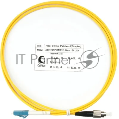 Патч-корд оптический Cabeus Tight Buffer, Simplex FC/LC, OS2 9/125, LSZH, 1,5м, Ø 3мм, чёрный хвостовик, жёлтый