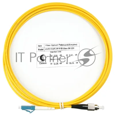 Патч-корд оптический Cabeus Tight Buffer, Simplex FC/LC, OS2 9/125, LSZH, 3м, Ø 3мм, чёрный хвостовик, жёлтый