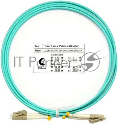 Патч-корд оптический Cabeus Tight Buffer FOP-50-LC-LC-2m Duplex LC/LC, OM3 50/125, LSZH, 2м, d= 3мм, серый хвостовик, аква