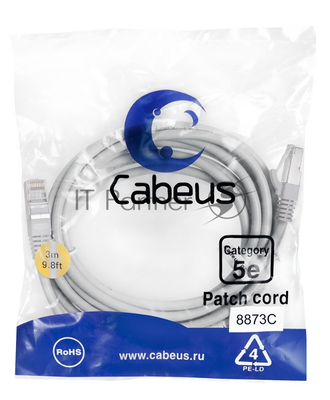 Патч-корд Cabeus PC-FTP-RJ45-Cat.5e-3m-LSZH Cat.5e, экр., F/UTP, RJ45/RJ45, LSZH, AWG24, 3 м, серый