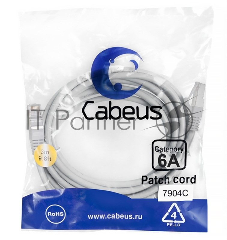 Шнур коммутационный Cabeus, кат. 6A, экр., S/FTP, RJ45/RJ45, LSZH, AWG26, 3м, серый