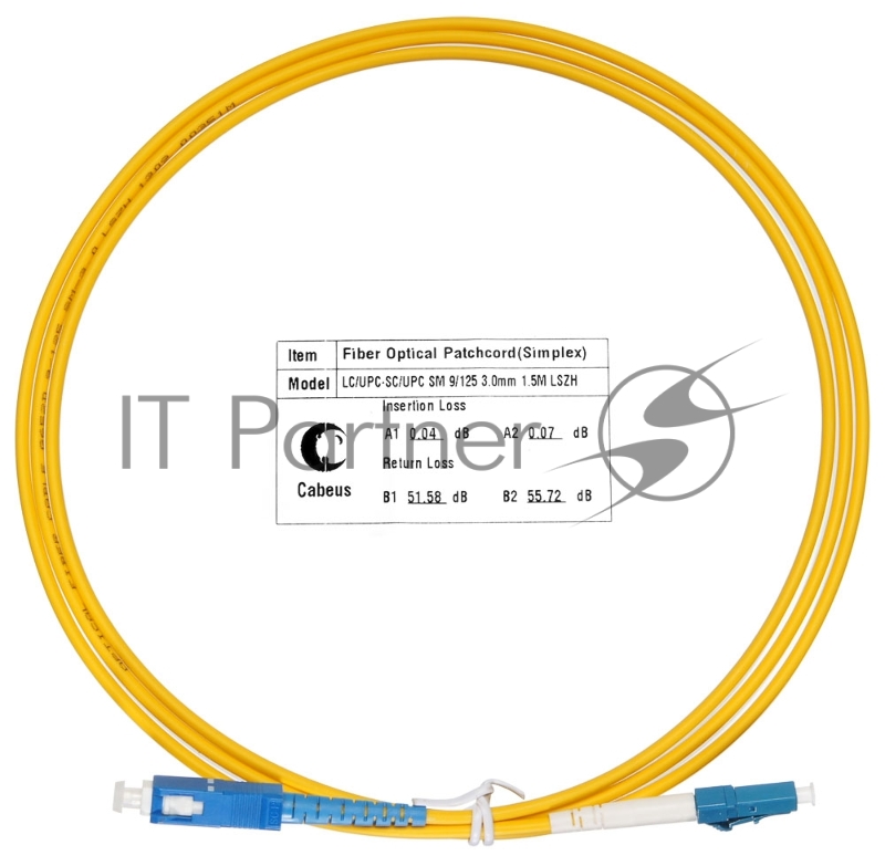 Патч-корд оптический Cabeus Tight Buffer, Simplex SC/LC, OS2 9/125, LSZH, 1,5м, Ø 3мм, синий хвостовик, жёлтый