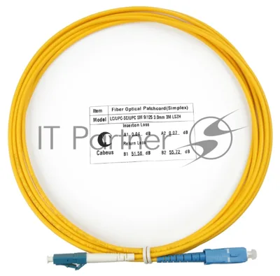 Патч-корд оптический Cabeus Tight Buffer, Simplex SC/LC, OS2 9/125, LSZH, 3м, Ø 3мм, синий хвостовик, желтый