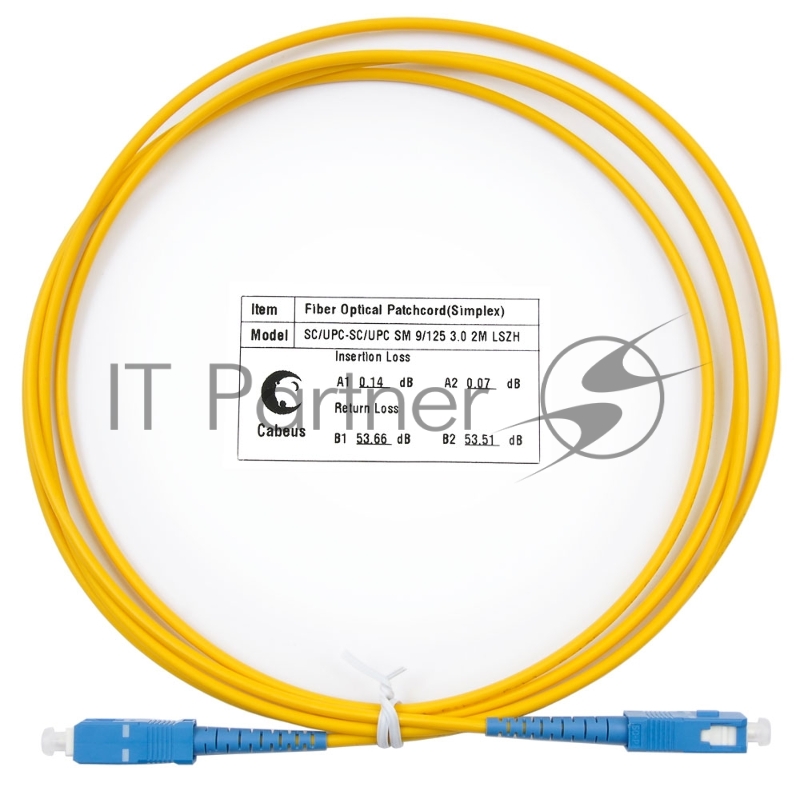 Патч-корд оптический Cabeus Tight Buffer, Simplex SC/SC, OS2 9/125, LSZH, 2м, d= 2мм, синий хвостовик, желтый