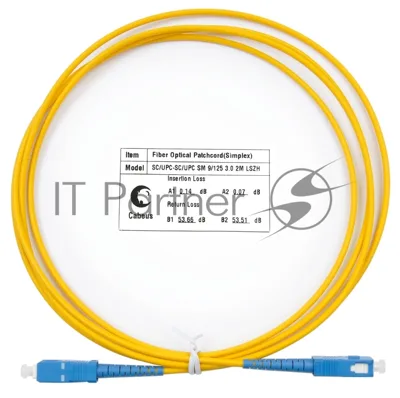 Патч-корд оптический Cabeus Tight Buffer, Simplex SC/SC, OS2 9/125, LSZH, 2м, d= 2мм, синий хвостовик, желтый
