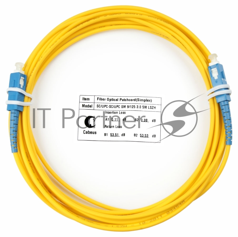 Патч-корд оптический Cabeus Tight Buffer, Simplex SC/SC, OS2 9/125, LSZH, 5м, Ø 2мм, синий хвостовик, желтый