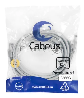Шнур коммутационный Cabeus, Cat.5e, неэкр., U/UTP, RJ45/RJ45, LSZH, AWG24, 3м, серый