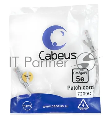 Шнур коммутационный Cabeus, Cat.5e, неэкр., U/UTP, RJ45/RJ45, PVC, AWG24, 0.3м, серый