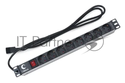 Блок силовых розеток Cabeus, Shuko х 8, вход IEC 320 C14, для шкафов, шнур 2 м, 50х490х50 мм (ВхШхГ), 10А, выключатель, черный