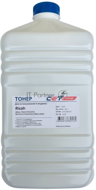 Тонер Cet SD6 CET5289500 черный бутылка 500гр. для принтера RICOH Aficio 550/1075/2051/MP1813/5500/6001/9001