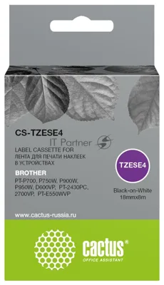 Картридж ленточный Cactus CS-TZESE4 TZe-SE4 черный шрифт, белый фон (18 мм, 8 м) для Brother PT-P700, P750W, P900W, P950W, D600VP, PT-2430PC, 2700VP, PT-E550WVP