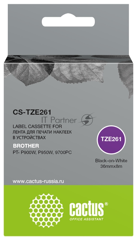 Картридж ленточный Cactus CS-TZE261 TZe-261 черный шрифт, белый фон (36 мм, 8 м) для Brother PT- P900W, P950W, 9700PC