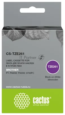 Картридж ленточный Cactus CS-TZE261 TZe-261 черный шрифт, белый фон (36 мм, 8 м) для Brother PT- P900W, P950W, 9700PC