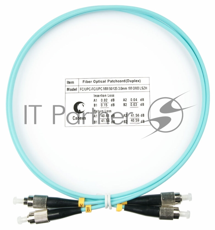 Патч-корд оптический Cabeus Tight Buffer, Duplex FC/FC, OM3 50/125, LSZH, 1м, d= 3мм, черный хвостовик, аква