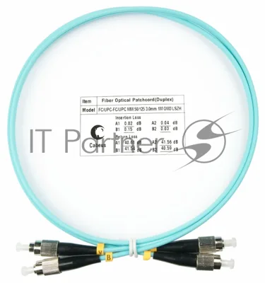 Патч-корд оптический Cabeus Tight Buffer, Duplex FC/FC, OM3 50/125, LSZH, 1м, d= 3мм, черный хвостовик, аква