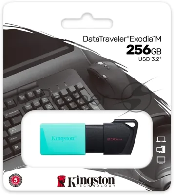 Флешка USB Kingston DataTraveler Exodia М (DTXM/256Gb), 256Gb, USB 3.2 Gen 1, R/W 150/60, черный/бирюзовый