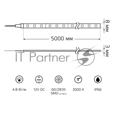 Лента светодиодная Gauss Elementary 2835 -SMD 4.8W 12V DC теплый белый IP66 (ZIP bag 5m)