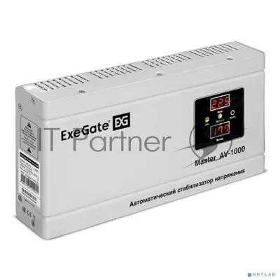 Стабилизатор напряжения ExeGate Master AV-1000 (1000ВА, 140-260В, цифр. индикация вход/вых. напряжения, 220В±8%, КПД 98%, 5 уровней защиты, задержка, метал.корпус, евророзетка, RTL)